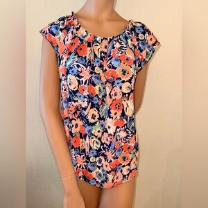 LC Lauren Conrad Floral Blouse Navy Multicolor Keyhole Tie Back Short Sleeve Top